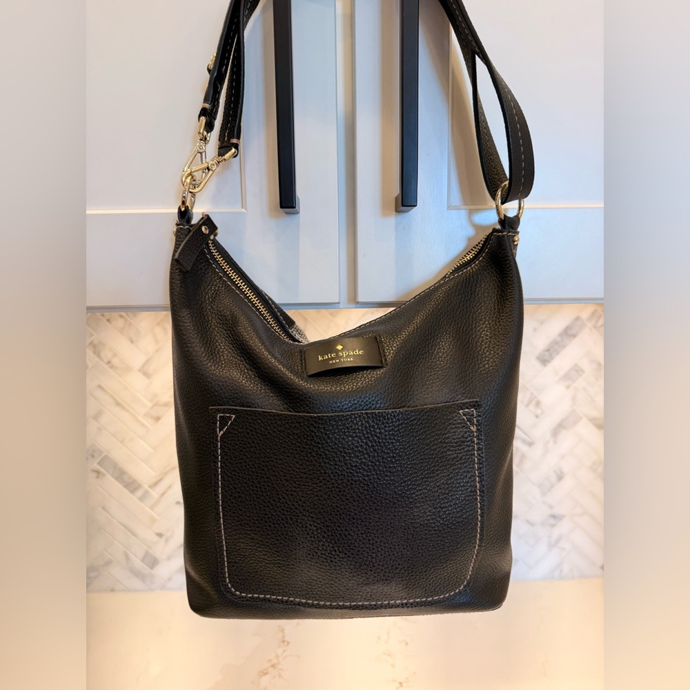 Kate Spade Black Pebbled Leather Shoulder Bag with Front Pocket
